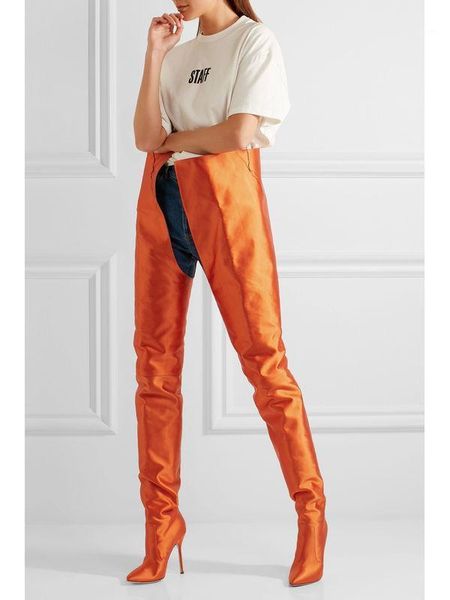 

boots 2021 women waist high heels silk satin fashion show orange ,pink ,green shoes1, Black