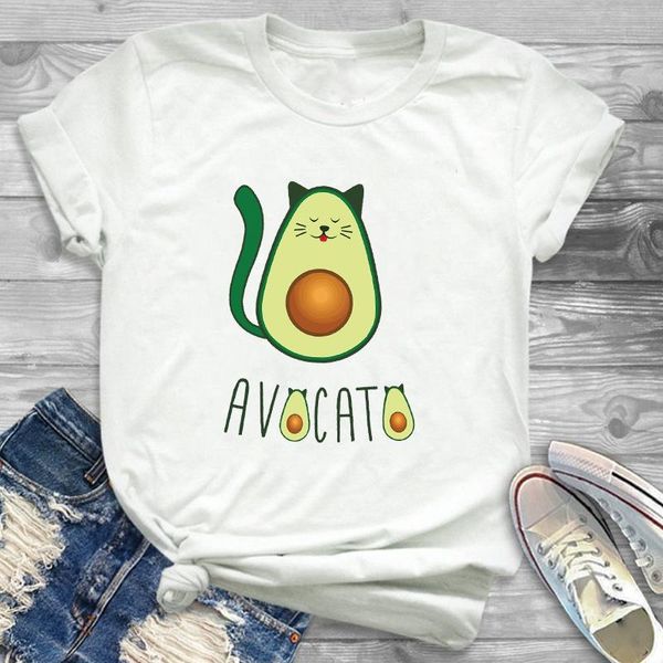 

women's t-shirt fashion women avocado cat animal short sleeve cartoon fruit womens female graphic t shirt tee tees t-shirts, White