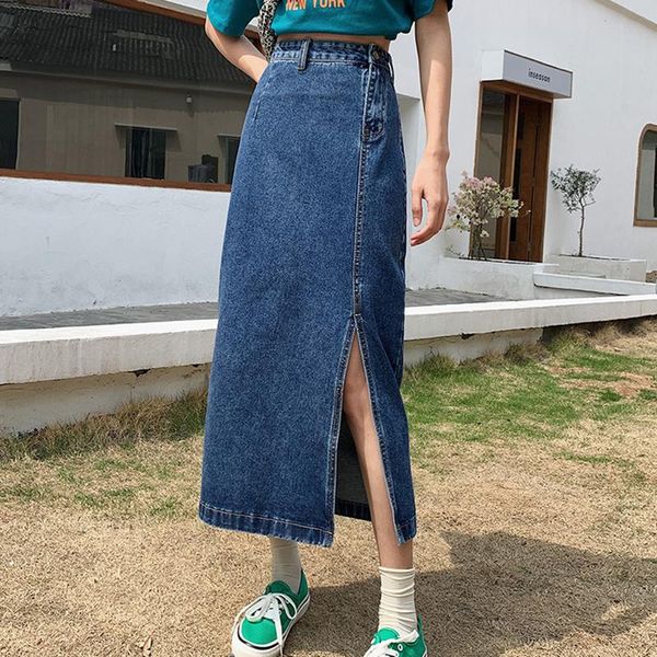 

skirts denim skirt female 2021 korean fan high waist slimming hips retro hong kong style split mid-length black a-line
