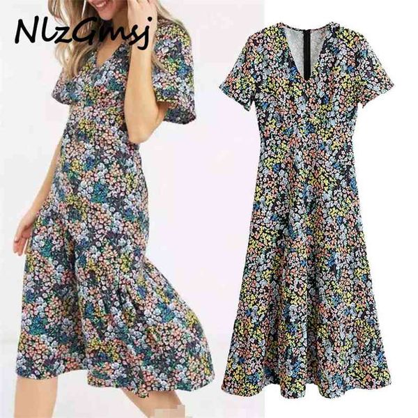 

dres green flowers print chiffon v neck short sleeve ladies vintage vestidos 210628, Black;gray