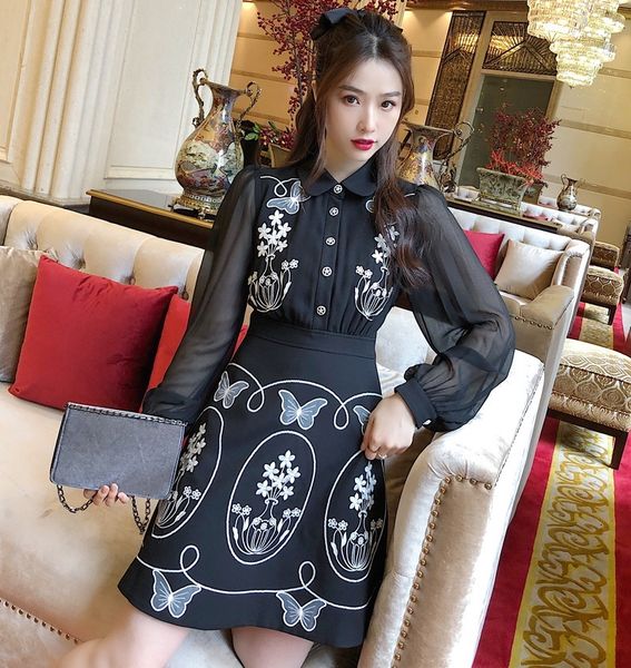 

dresses vintage retro autumn winter style women exquisite embroidery beading deco long sleeve a-line white black chic, Black;gray