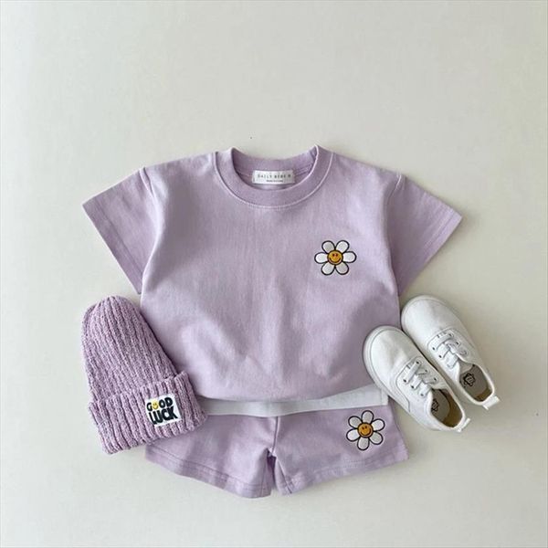 

korean baby short sleeve clothing sets boys girls cotton flower shorts 2pcs children clothes, White