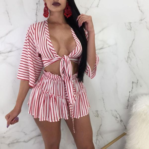 

striped print cross with shorts summer elegant women suits, Gray