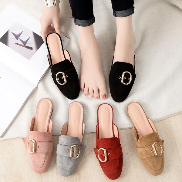 

wholesale summer ladies lazy slippers fashion low heel women's mules shoes female brand suede slides pumps footwear big eu31-44, Black