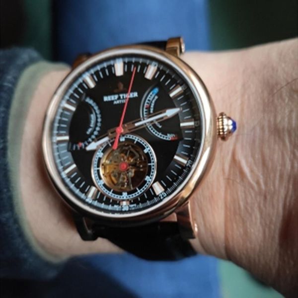 

wristwatches reef tiger/rt automatic mechanical watch for men solid steel black leather strap waterproof watches relogio masculino rga1950, Slivery;brown