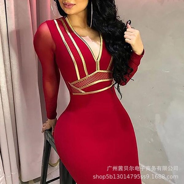 

casual dresses women metal strip dress full sleeve sheath mini fashion v-neck mesh stitching high waist, Black;gray