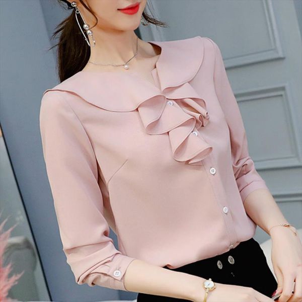 

long sleeve solid pink women shirt white ruffles office ladies womens and b665