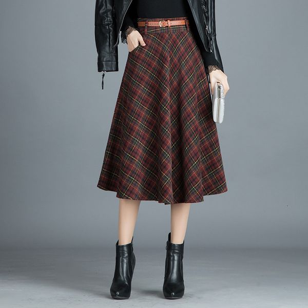 

skirts women's high waist a-line tweed women's autumn and winter long skirt lattice rongmei, Black