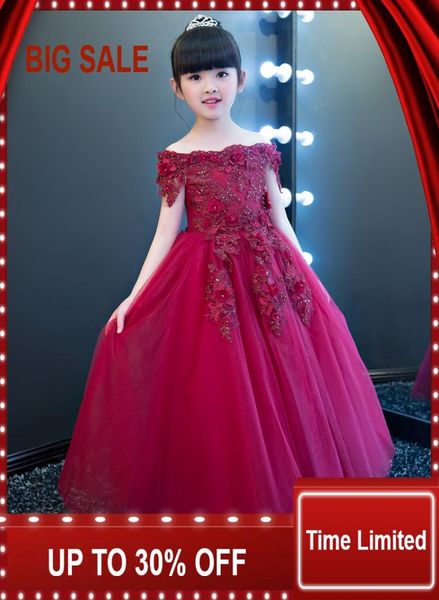 

girl's dresses elegant girls shoulderless flower girl wedding dress appliques party tulle princess birthday gown, Red;yellow