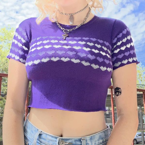 

women's t-shirt love knitted round neck short tight, White