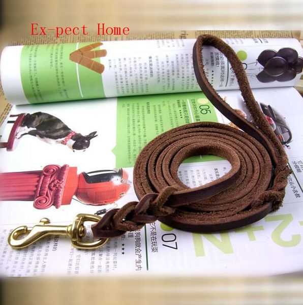 

60pcs/lot braided handmade genuine leather copper hook dog leash pet training walking lead for medium large dogs collars & leashes
