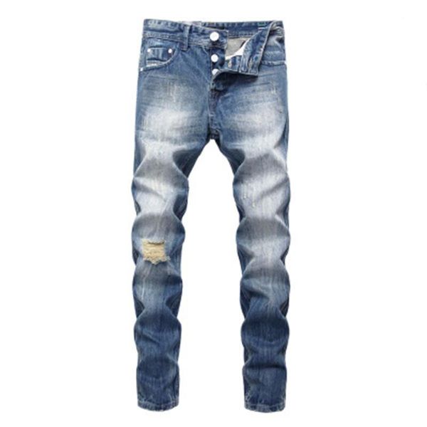 

mens thin stretch jeans designer summer male hole blue casual slim straight jean trousers fashion trend button fit large size denim pants