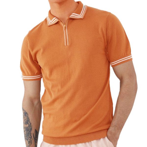 Мужские Polos Orange Рубашка Бизнес Мужской Развернутые Рубашки Летние Полосатые Тонкие Топы Пуловер Мужчины Повседневная Кнопка Дизайн Короткие рукава