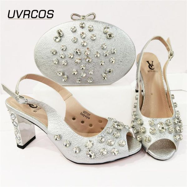 

dress shoes 2021 italian design nigerian lastest fashion appliques style silver color party women and bags decorated with rhinestone, Black