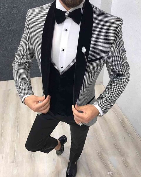 

men's suits & blazers elegant 3 piece morning dinner party prom houndstooth groom wedding blazer slim fit man tuxedo fbnv, White;black