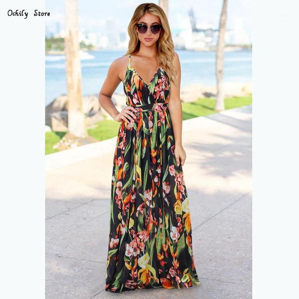

women sling floral print long dresses summer v-neck backless party beach boho maxi dress sundress women's swimwear, White;black
