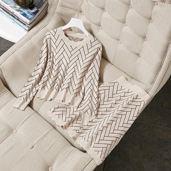 

women's two piece pants women geometric patterns jacquard knitted sweater elegant pullovers + a-line skirt suits 2 set 2021 autumn blue, White