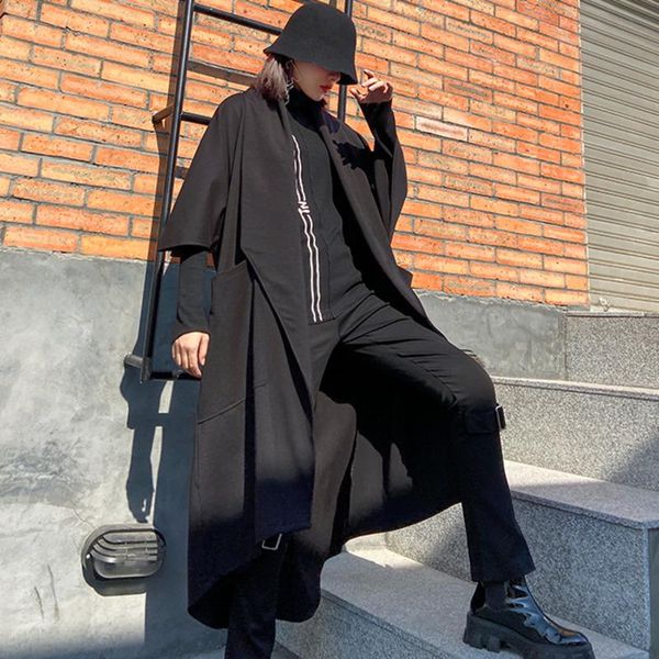 

women's trench coats xuxi autumn coat women half sleeve loose cardigan black fashion wide-waisted o-neck streetwear long windbreaker fz, Tan;black