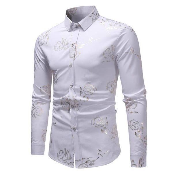

men's casual shirts mens rose flower print dress brand slim long sleeve tuxedo shirt for men business button down chemise homme, White;black