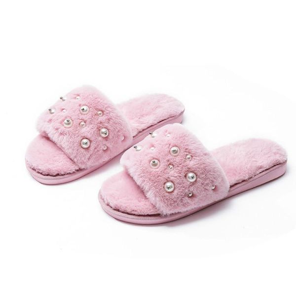 

drop winter woman cotton slippers slip on warm non-slip flats female spring autumn house shoes pearl decor, Black