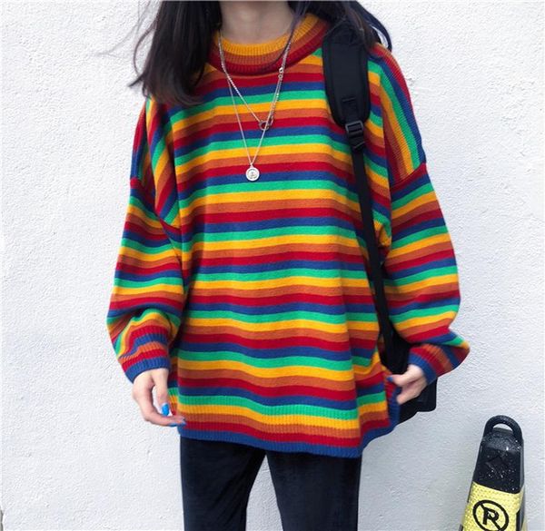 

women's sweaters harajuku women sweater striped rainbow long sleeve loose knitted 2021 sutumn korean ulzzang kawaii female, White;black