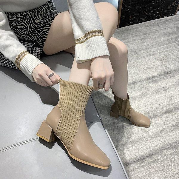 

boots high heel ankle women shoes stretch fabric short elegant splicing material black khaki 2021