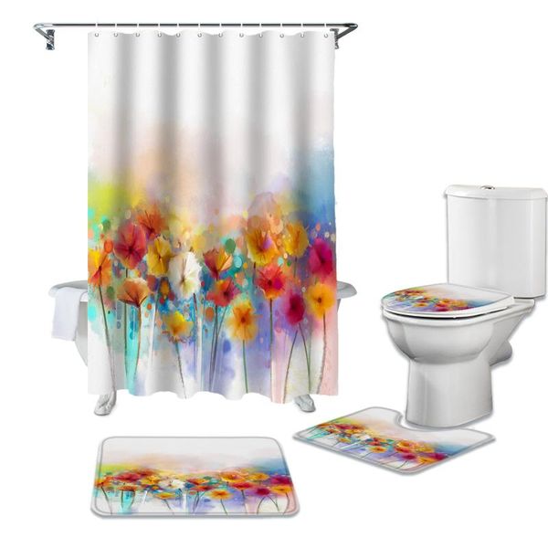 

colorful watercolor painting of flowers shower curtain set carpet cover toilet bath mat home decor bathroom curtains