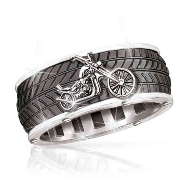 

punk style trend men's tire texture motorcycle ring retro design sense holiday party jewelry, Silver