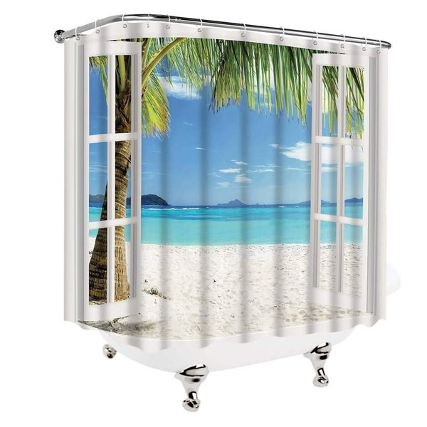 

beach scene shower curtain ocean hawaiian tropical palm trees on island turquoise traveling blue view through white wooden