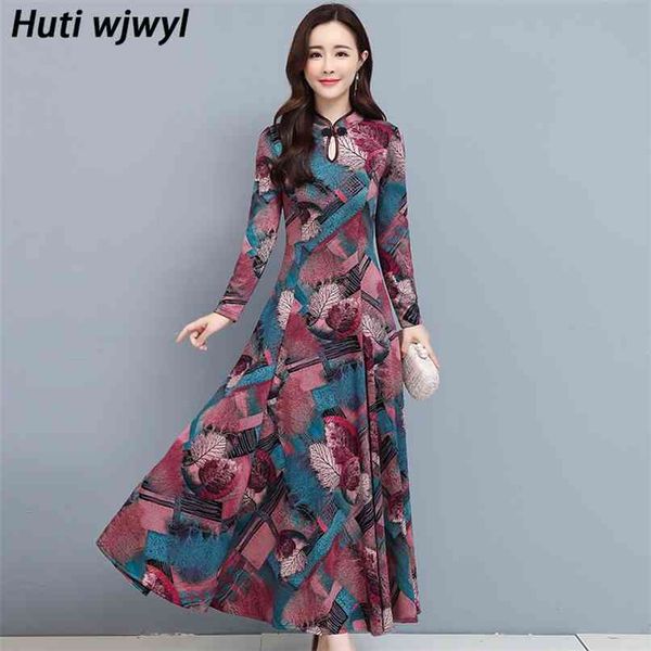 

chinese style cheongsam print vintage dress autumn winter warm elegant women bodycon party long sleeve maxi vestidos 210528, Black;gray