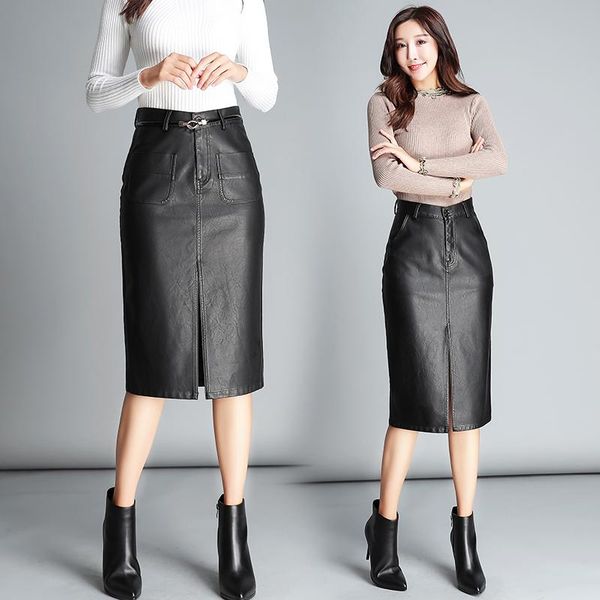 

skirts leather skirt female 2021 high waist bag hip long section autumn and winter, Black
