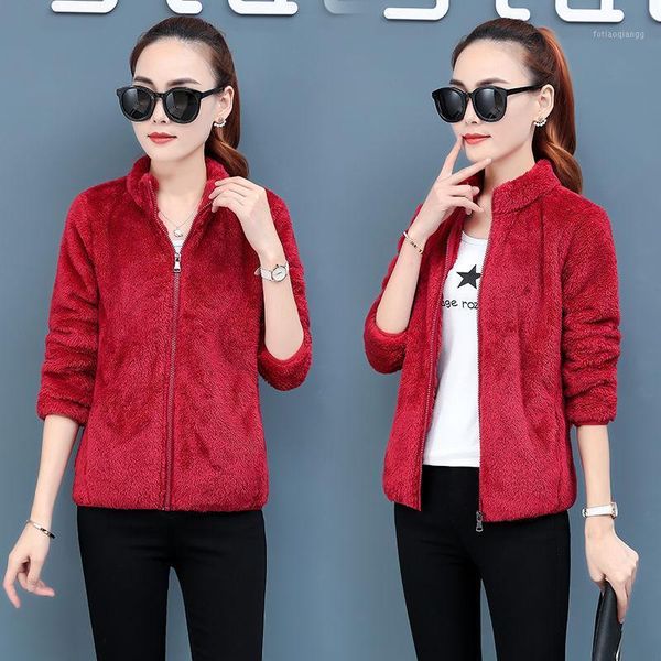 

women's jackets autumn and winter coat double-sides fleece jacket warm plus velvet thick size sweatershirt women, Black;brown