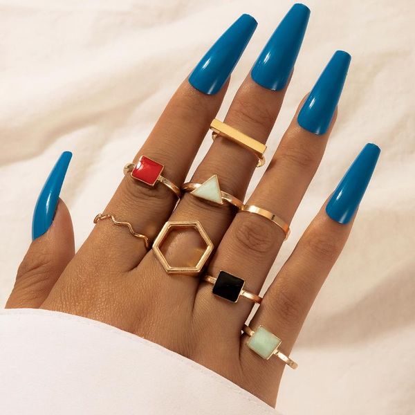 

wedding rings 1set design gold color irregular square triangle metal ring set drip glazed for women girls creative jewlery gifts, Slivery;golden