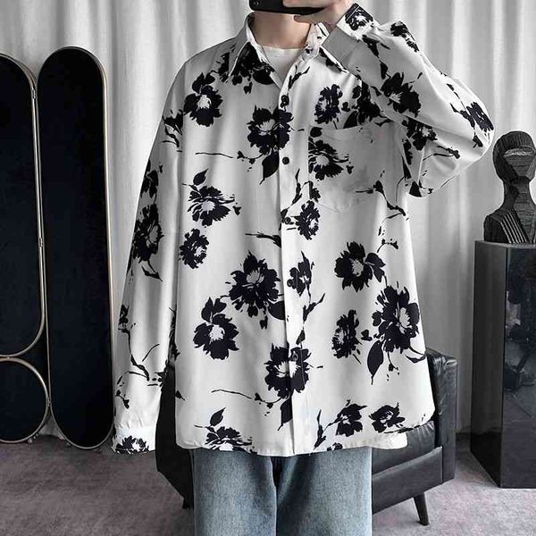 

men's casual shirts autumn flower fashion printing business men loose korean long-sleeved mens social dress gmi2, White;black