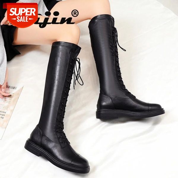 

fujin knee high black boots genuine leather cow soft mid calf lace up platform autumn winter warm plush inside comfortable #kr7a
