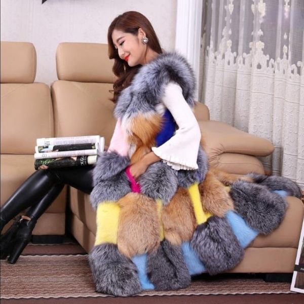 

women's fur & faux gamporl coat autumn&winter fashion stitching long v-neck dress with pockets warm fluffy clothes, Black