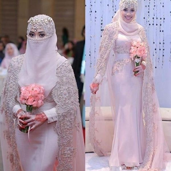 

arabic islamic muslim a line bridal gowns said mhamad lace winter pink wedding dresses long sleeves high neck midwest pakistani abaya, White