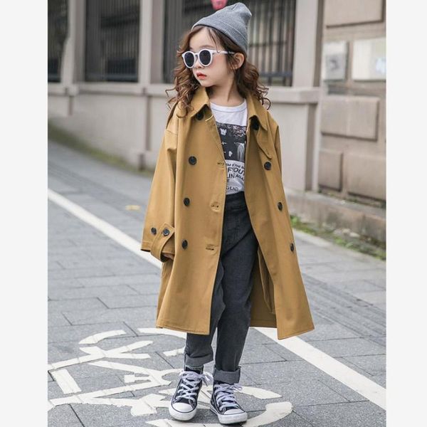 

girls long trench coat 2021 autumn teens windbreaker jacket double-breasted outwear modis kids clothes overcoat y1970, Blue;gray