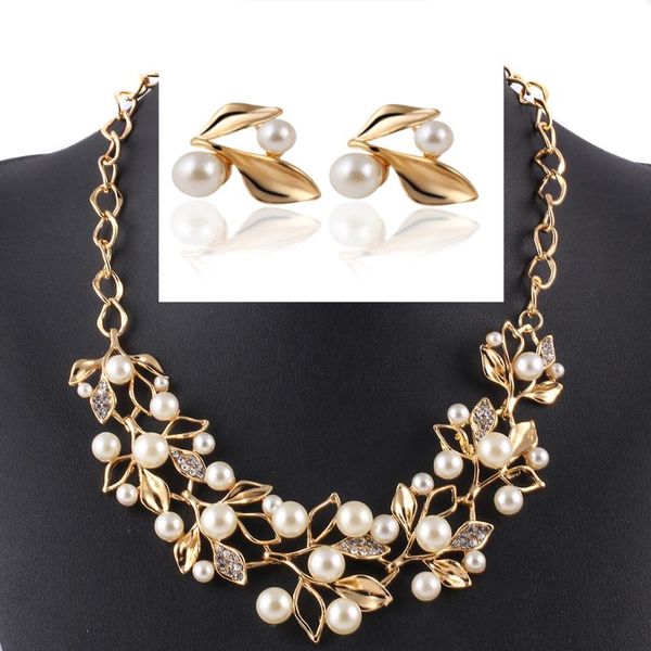 

earrings & necklace fine branch jewelry set artificial pearl crystal leaf sweater african necklaces jewellery, Silver