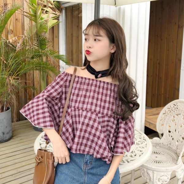 

women's blouses & shirts ulzzang sweet slash neck off shoulder halter shirt loose flare sleeve fashion plaid crop blouse women summ, White