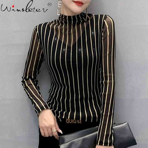

women's t-shirt fall winter korean style thin t-shirt fashion striped shiny diamonds mesh women ropa mujer bottoming shi, White