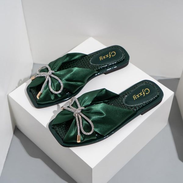 

slippers 2021 summer women silk bow outdoor flats open toe causal sandals comfortable fashion green shoes plus size, Black