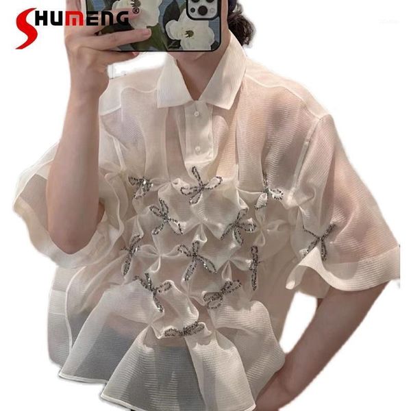 

women's blouses & shirts 2021 summer ladies loose pleated beaded western style fashion rhinestone shirt graceful bow short sleeve top, White