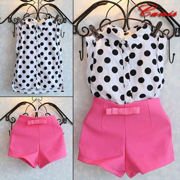 

1 6y baby girls shorts sleeveless polka dot t shirt pink pants kids outfits, White