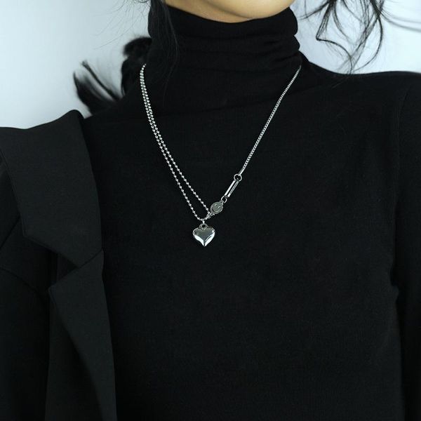 

pendant necklaces minority design temperament splicing love titanium steel necklace chic fashion personality peach heart sweater chain, Silver