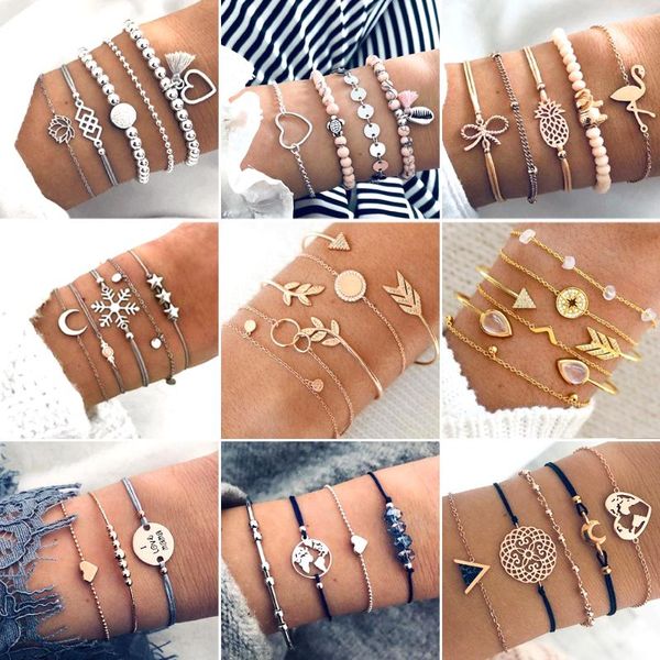 

link, chain 30 style boho bangle elephant heart shell star moon bow map crystal bead bracelet women charm party wedding jewelry accessories, Black