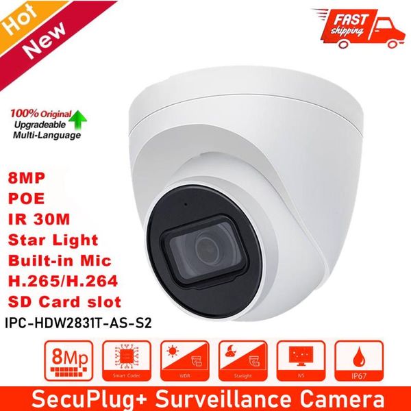 

cameras original dh ip camera poe 8mp ipc-hdw2831t-as-s2 h.265/h.264 built-in mic ir led max distance 30m wdr, 3d dnr ip67
