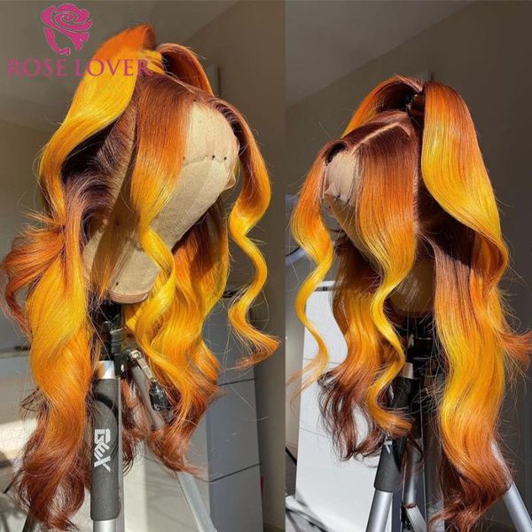 

highlight ombre orange body wave lace front wig transparent human hair wigs preplucked hairline for black women, Black;brown