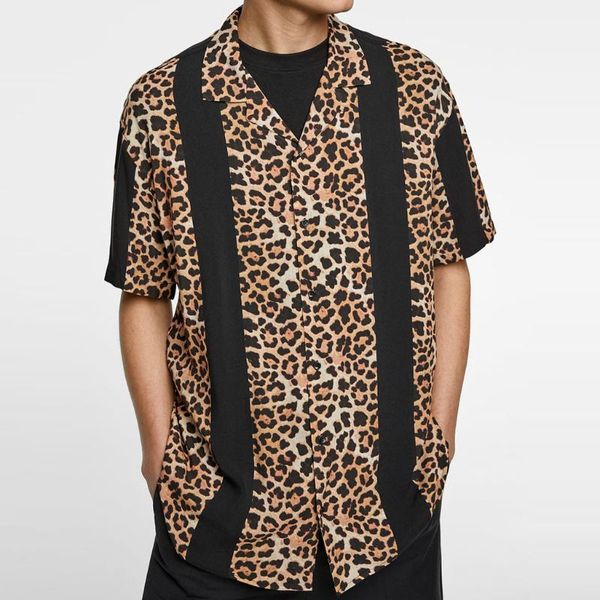 

mens ethnic shirt short sleeve casual cotton linen leopard printing hawaiian blouse couple loose fit vintage hip hop men's shirts, White;black