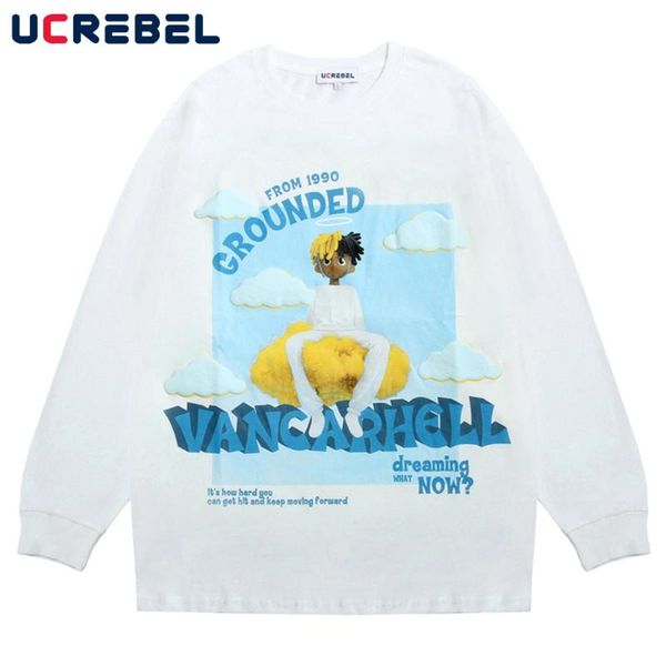 

men's t-shirts cartoon character print long sleeve t-shirt mens streetwear casual crew neck cotton tee loose pullove men, White;black